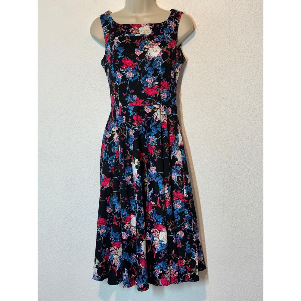 Hearts & Roses London Black Floral Bird Swing Dress Retro Pinup Rockabilly USA 4